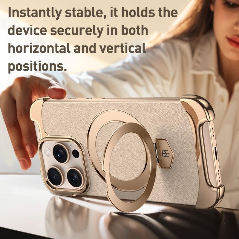 erorex For iPhone 13 Pro Max Borderless MagSafe Ring Holder Plain Leather Phone Case(Gold) - Image 5