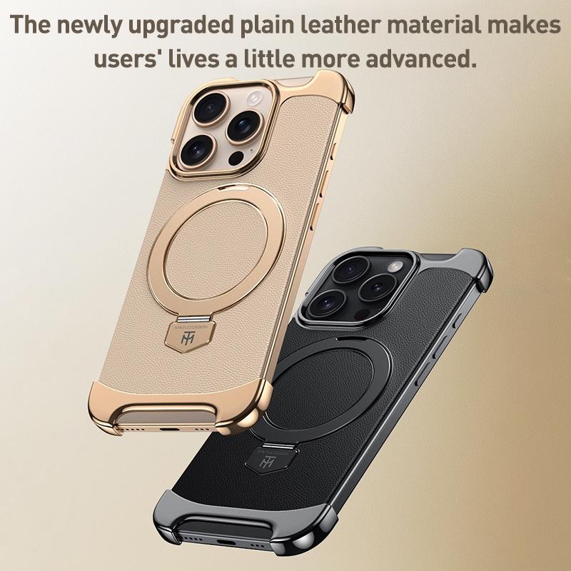 erorex For iPhone 13 Pro Max Borderless MagSafe Ring Holder Plain Leather Phone Case(Gold) - Image 2