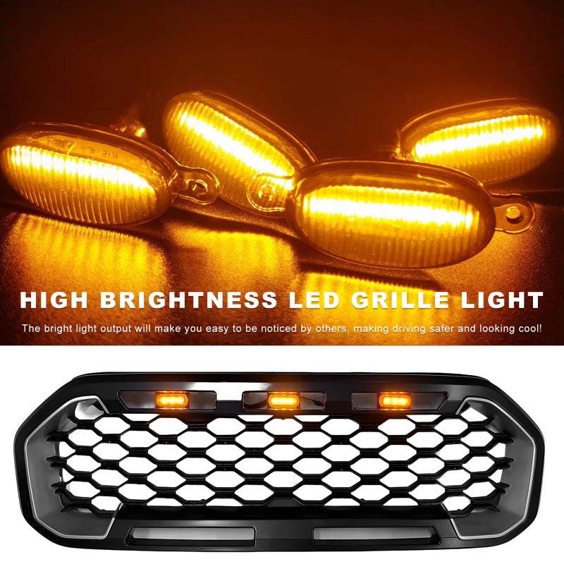 MTRPS 5PCS Car Front Grille Light, Bright Amber Lens LED Grill Trim Lamp with Wiring Harness, Waterproof Front Grill Light Compatible with F350 F250 F150 Raptor Ram-1500 (Black & Yellow) - Image 4