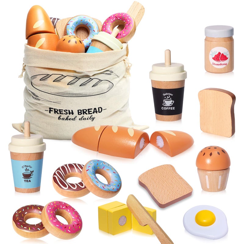 Inslat Wooden Bakery Playset Food Toys Kids Pretend Play Food Baking Set Kitchen Accessories with Storage Bag Pretend Play Bread Cutting Food for Boys Girls 3 - Image 2