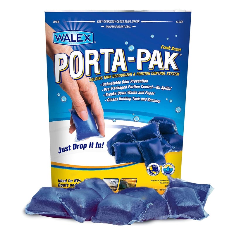 Walex Porta-Pak Black Holding Tank Deodorizer & Portion Control System Drop-Ins - Rapid Breakdown of Waste & Paper, Odor Prevention, Cleans Tank & Sensors - Fresh Scent, 10-Pack - Image 1