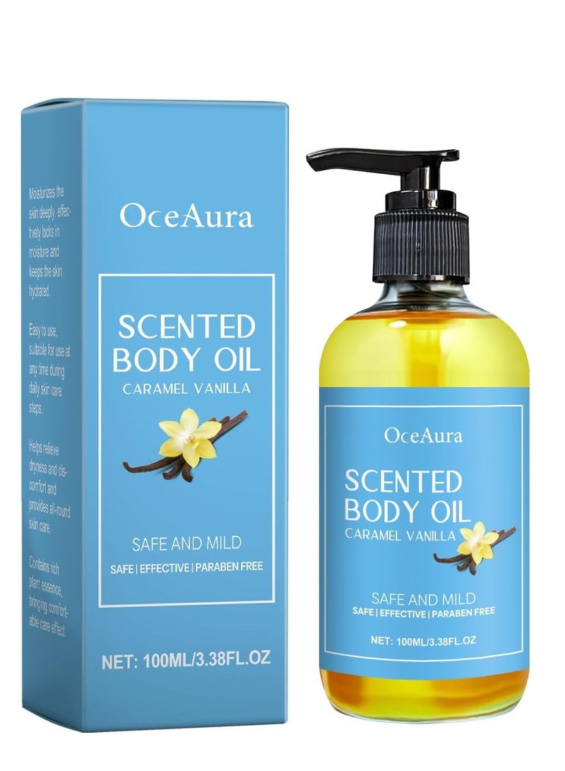OceAura Body Oil, Caramel Vanilla Scented Moisturizer, Nourishing Body Oil for Women, Vanilla Massage & Skin Care (100ml) - Image 1
