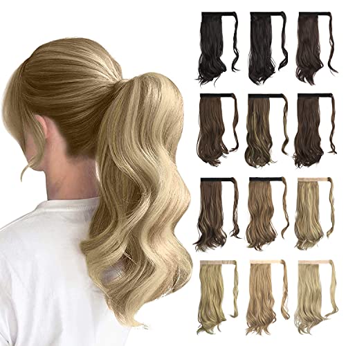 Sofeiyan Curly Ponytail Extension 15 Inch Heat Resistant Synthetic Natural Wavy Hairpiece Wrap Around Pony Tail Hair Extensions for White Black Women Hair Piece, Light Ash Brown & Bleach Blonde - Image 1