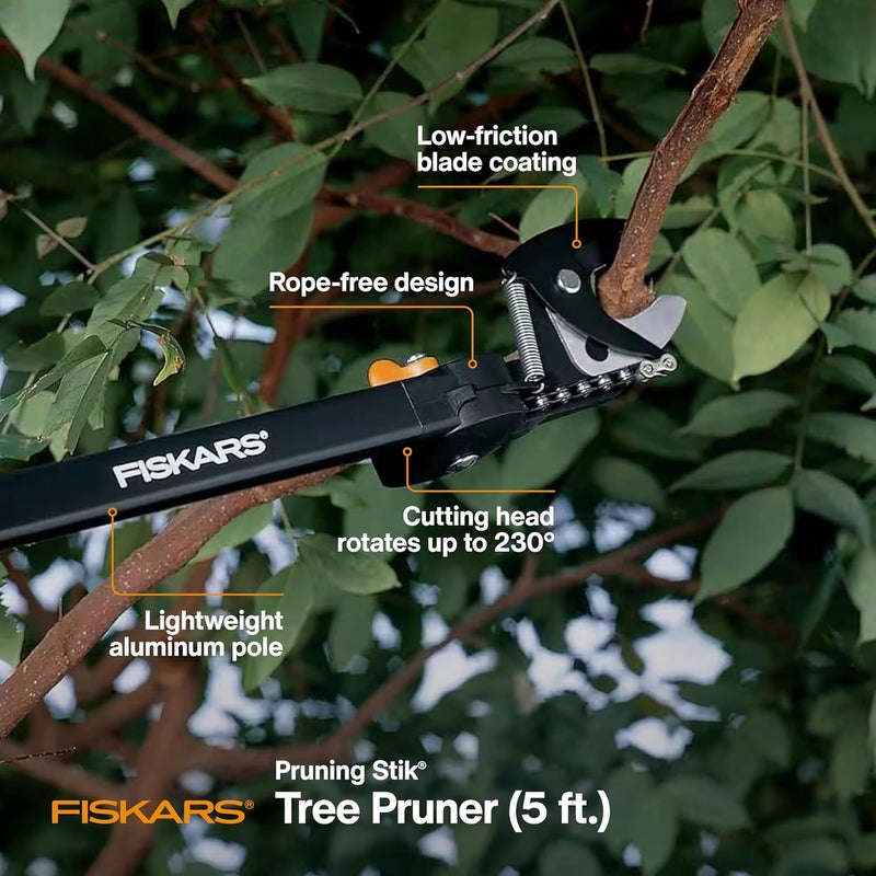 Fiskars 5ft Ropeless Tree Trimmer with Rotating Head, Long Handle Stik Pruner, Branch Cutter to Prune High Branches or Low Shrubs, Garden and Yard Tools - Image 1