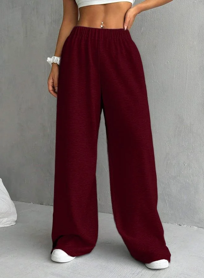 تايك تو Burgundy Solid Elastic Waist Wide Leg Joggers