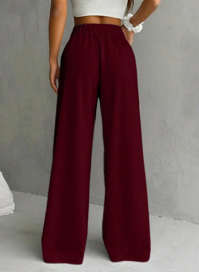 تايك تو Burgundy Solid Elastic Waist Wide Leg Joggers