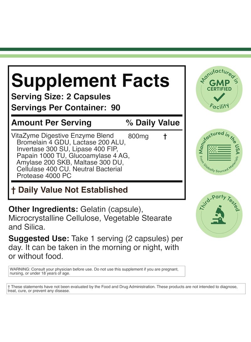 إنزيمات هضمية - مزيج 800 ملغ من أهم 10 إنزيمات هضمية وبنكرياسية (أميليز، ليباز، بروميلين، لاكتاز، بابين، بروتياز، سيلولاز، مالتاز، إنفرتاز) - Image 2