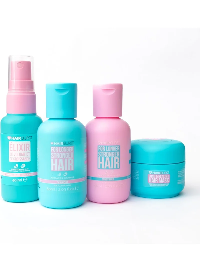 HAIR BURST The Mini Ones Gift Set - Shampoo, Conditioner, Elixir & Mask. Helps Thicken and Strengthen Long Hair, Minimise Breakage, In Miniature Travel-Size Bottles.