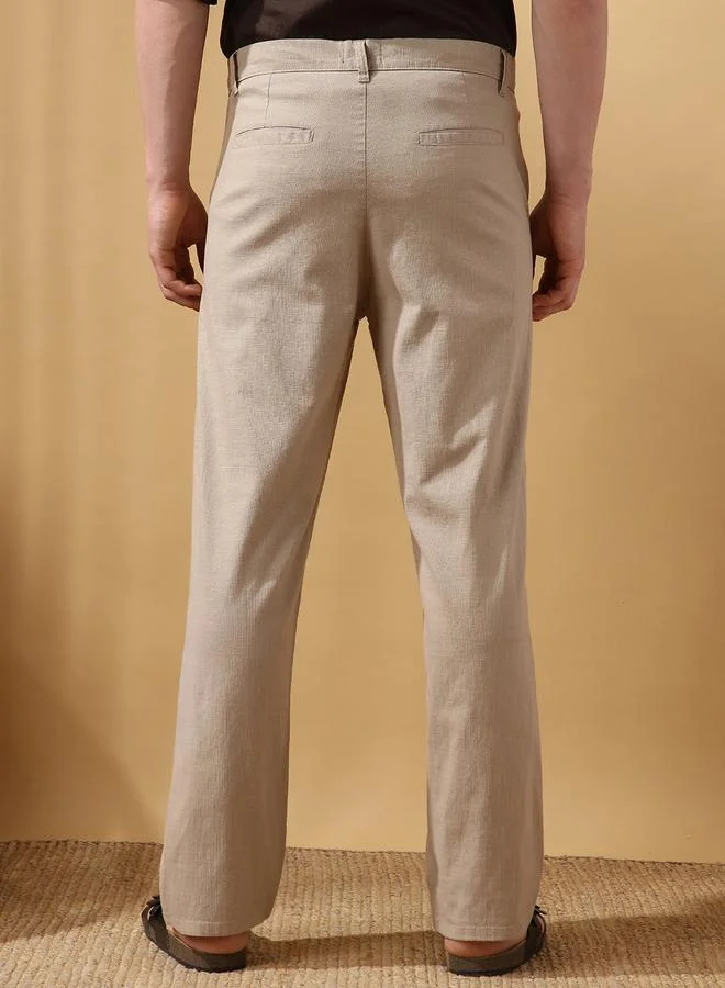 Dennis Lingo Men's Oat Milk 100% Cotton Solid Pattern Full Length Chinos Straight Fit Trouser