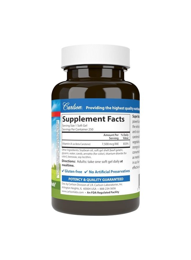 Carlson بيتا كاروتين سوبر، 25000 وحدة دولية (15 ملغ)، فيتامين أ على شكل بيتا كاروتين، شكل متاح حيوياً ونشط حيوياً، صحة الرؤية، بشرة صحية، 250 كبسولة لينة - Image 2