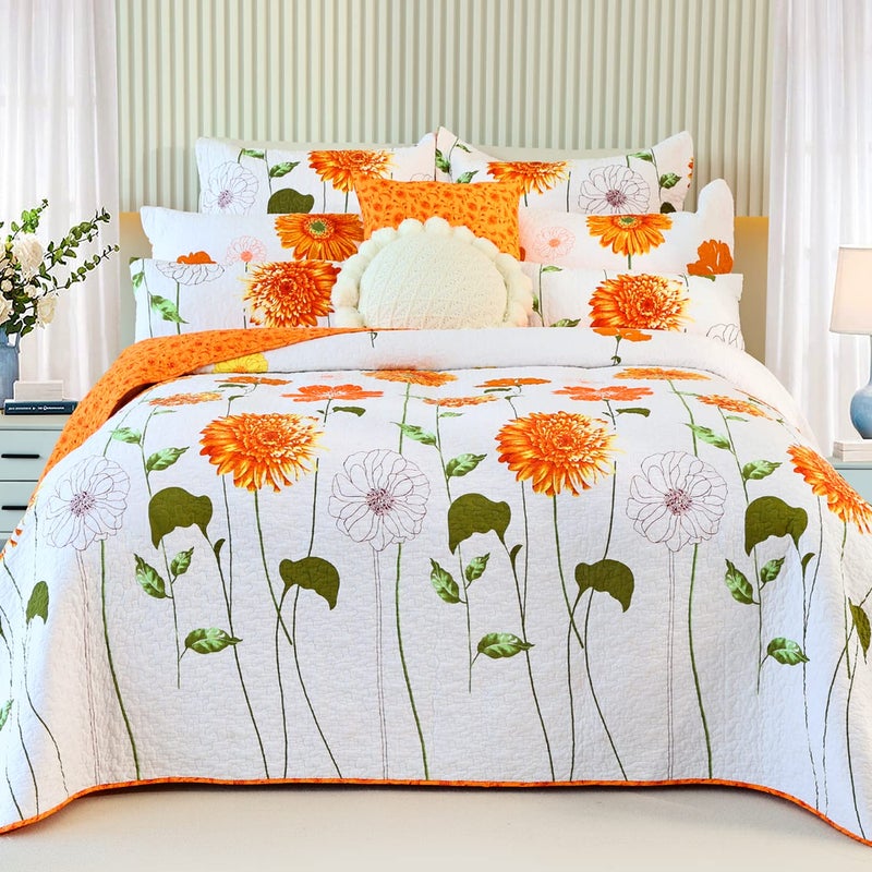 EVENHUG 100% Cotton Quilt Twin Size Orange Sunflower Bedding Set Floral Lightweight Quilt Reversible Coverlet Bedspread with1 Pillow Shams All Seasons 2 Pieces (Orange, Twin) - Image 1