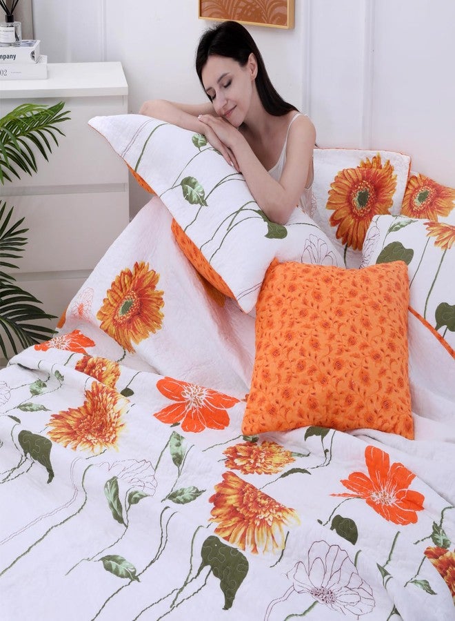 EVENHUG 100% Cotton Quilt Twin Size Orange Sunflower Bedding Set Floral Lightweight Quilt Reversible Coverlet Bedspread with1 Pillow Shams All Seasons 2 Pieces (Orange, Twin) - Image 3