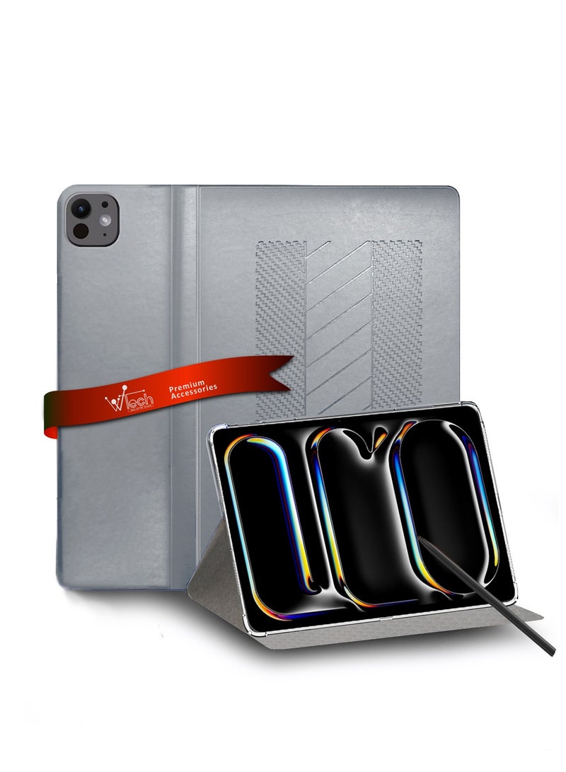Wtech Apple iPad Pro 13 5G 2024 (7th Generation M4) 13 Inch / Apple iPad Pro 13-inch (M5) Classic PU Leather Trifold Stand Flip Case Cover - Grey - Image 1