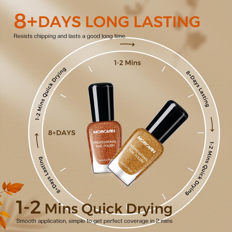 Morovan Orange Nail Polish Set: 6 Gold Maple Leaf Nail Polish Kit 2025 Glitter Autumn Fingernail Pumpkin Yellow Burnt Orange Art Quick Dry Nail Regular Mini Bulk Manicurist Women Girls Gift - Image 5
