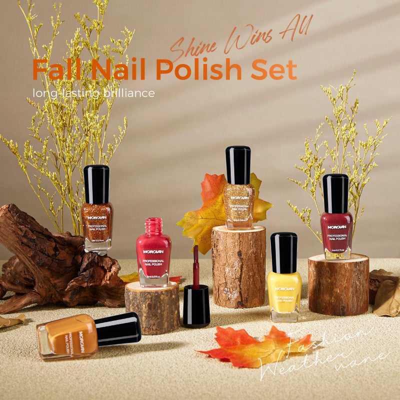 Morovan Orange Nail Polish Set: 6 Gold Maple Leaf Nail Polish Kit 2025 Glitter Autumn Fingernail Pumpkin Yellow Burnt Orange Art Quick Dry Nail Regular Mini Bulk Manicurist Women Girls Gift - Image 2