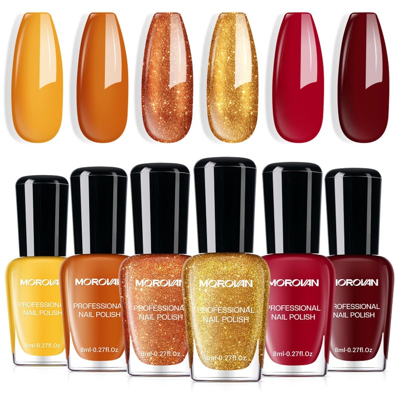 Morovan Orange Nail Polish Set: 6 Gold Maple Leaf Nail Polish Kit 2025 Glitter Autumn Fingernail Pumpkin Yellow Burnt Orange Art Quick Dry Nail Regular Mini Bulk Manicurist Women Girls Gift - Image 1