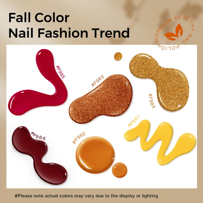 Morovan Orange Nail Polish Set: 6 Gold Maple Leaf Nail Polish Kit 2025 Glitter Autumn Fingernail Pumpkin Yellow Burnt Orange Art Quick Dry Nail Regular Mini Bulk Manicurist Women Girls Gift - Image 3