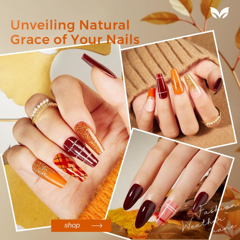 Morovan Orange Nail Polish Set: 6 Gold Maple Leaf Nail Polish Kit 2025 Glitter Autumn Fingernail Pumpkin Yellow Burnt Orange Art Quick Dry Nail Regular Mini Bulk Manicurist Women Girls Gift - Image 4