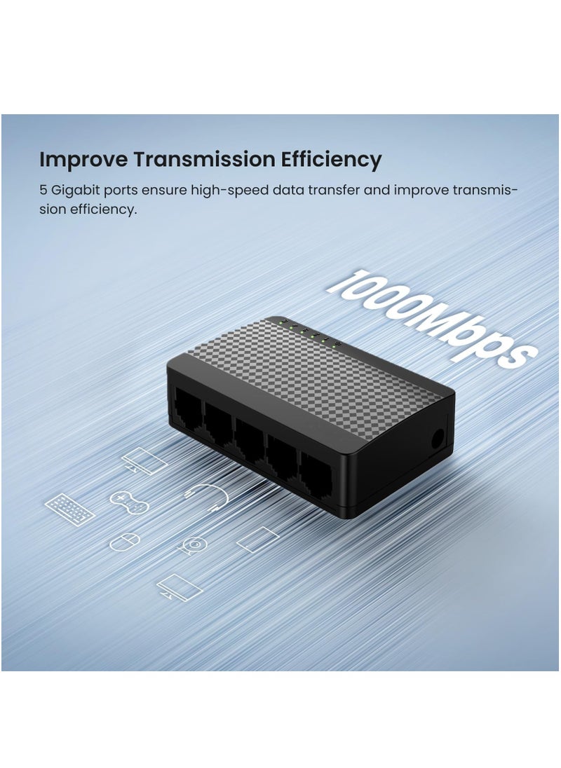 KASTWAVE - SG105, 5 Port Gigabit Switch, Unmanaged Ethernet Switch, Office Ethernet Splitter, Plug & Play, Plastic Case, Desktop/ Wall-Mount, Fanless Quiet, Limited Lifetime Protection - Image 1