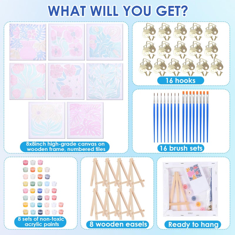 RoundFunny 8 Set Paint by Numbers Kit for Adults with 8x8 Inch Mini Simple Painting Canvas Wooden Frame Easel Acrylic Paints Brushes Funny Numbers Drawing Kit for Gift Home Wall Decor(Simple Blossom) - Image 2