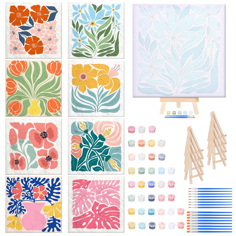 RoundFunny 8 Set Paint by Numbers Kit for Adults with 8x8 Inch Mini Simple Painting Canvas Wooden Frame Easel Acrylic Paints Brushes Funny Numbers Drawing Kit for Gift Home Wall Decor(Simple Blossom) - Image 1