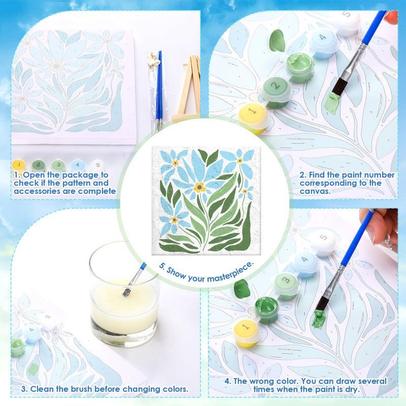 RoundFunny 8 Set Paint by Numbers Kit for Adults with 8x8 Inch Mini Simple Painting Canvas Wooden Frame Easel Acrylic Paints Brushes Funny Numbers Drawing Kit for Gift Home Wall Decor(Simple Blossom) - Image 3