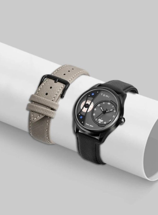 TOMI Watch With a Distinctive Shape, A Black Leather Strap and a Beige Bracelet for Men, in Addition to Displaying The Date on a Daily Basis - Image 3