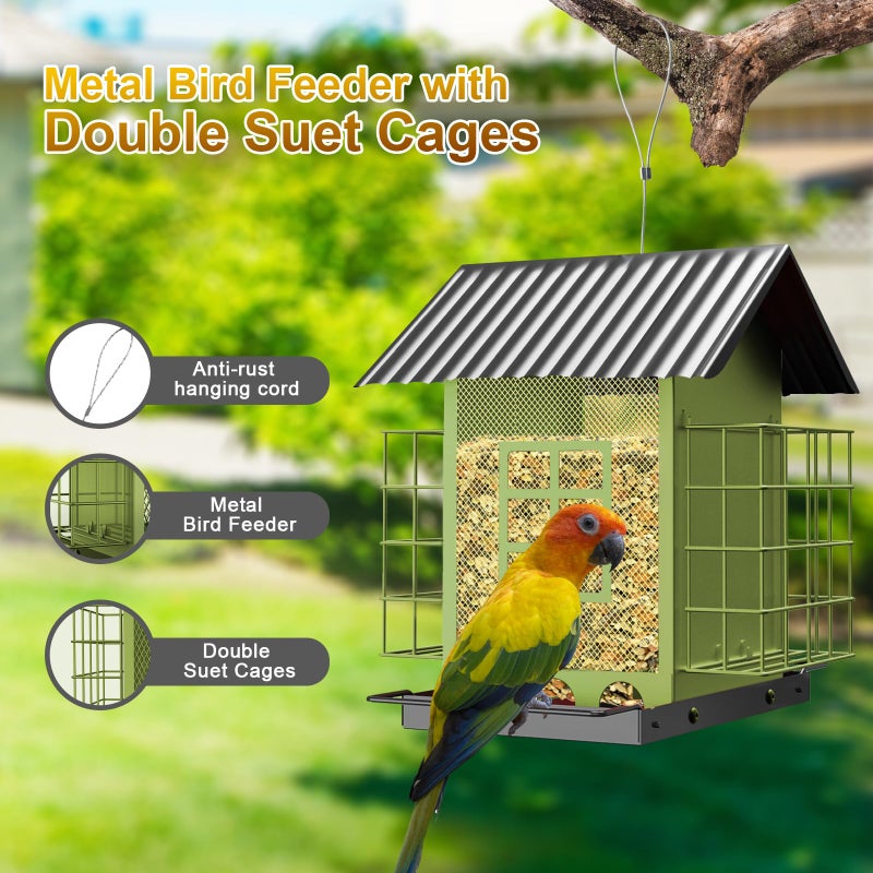 FlowaFoli Bird Feeders for Outdoors Hanging, Metal Bird Feeder with Double Suet Cage Cake, Large Capacity, Birdfeeders Sturdy & Weatherproof, Easy to Clean & Refill, Great for Attracting Wild Birds - Image 2