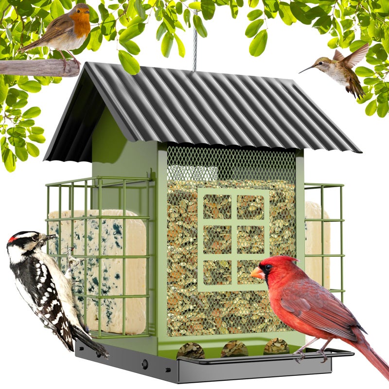FlowaFoli Bird Feeders for Outdoors Hanging, Metal Bird Feeder with Double Suet Cage Cake, Large Capacity, Birdfeeders Sturdy & Weatherproof, Easy to Clean & Refill, Great for Attracting Wild Birds - Image 1