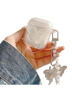 Compatible with AirPods 3 Case Cover, 3rd Generation 2021, with Cute 3D Clear Glitter Butterfly Design Smooth Soft TPU Cover Case for Airpods 3, Pretty Design Bling Shiny Stylish with Keychain