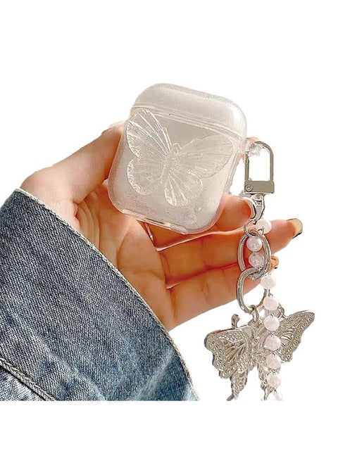 Compatible with AirPods 3 Case Cover, 3rd Generation 2021, with Cute 3D Clear Glitter Butterfly Design Smooth Soft TPU Cover Case for Airpods 3, Pretty Design Bling Shiny Stylish with Keychain