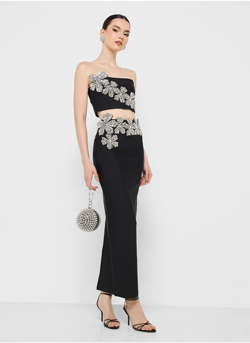 Ginger Boutique Embellished Bandeau Top & Skirt Set In Scuba