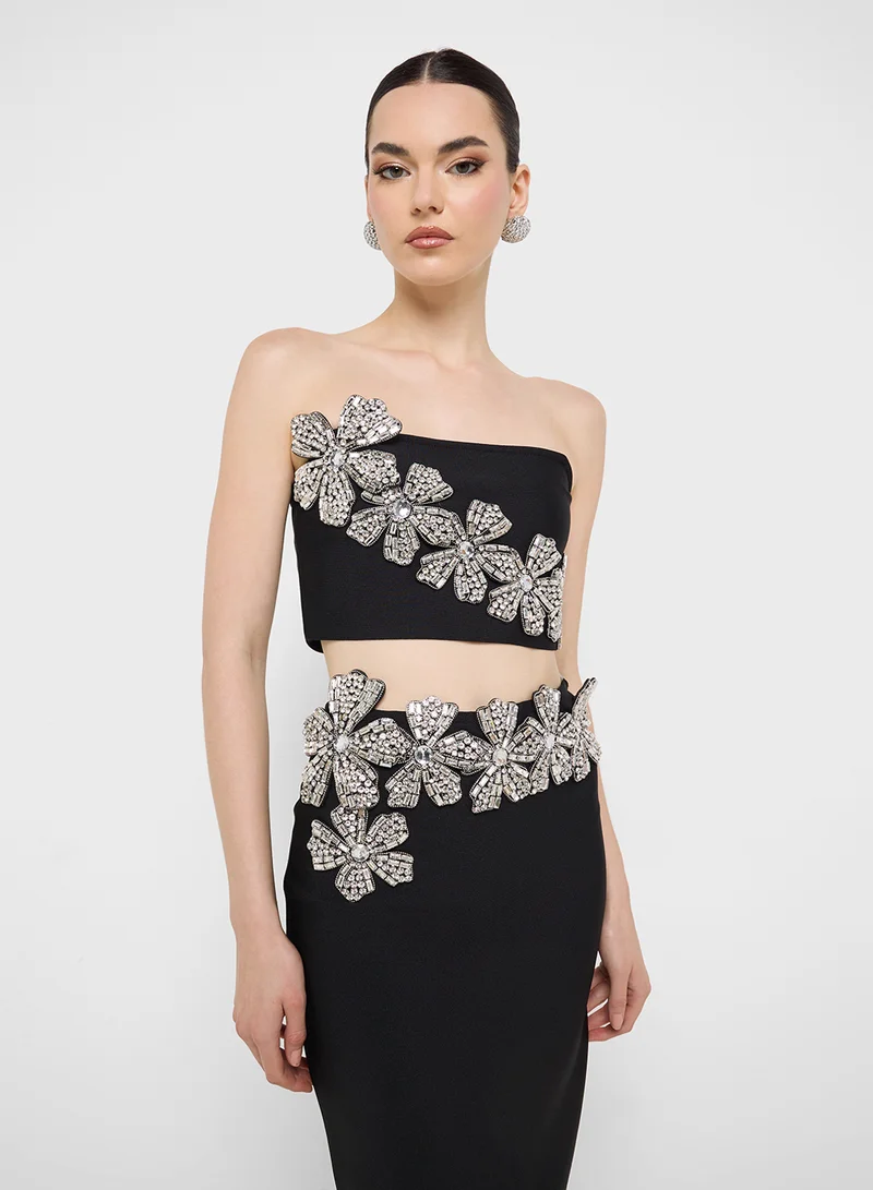 Ginger Boutique Embellished Bandeau Top & Skirt Set In Scuba