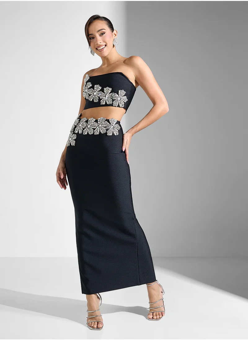 جينجر بوتيك Embellished Bandeau Top & Skirt Set In Scuba