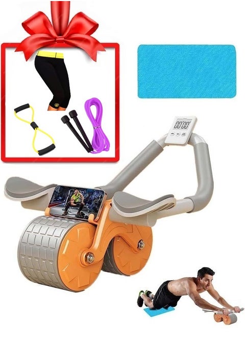 Abdominal roller with elbow support, timing screen and mobile phone holder, with a gift set consisting of a resistance band, a jump rope, and arm and thigh slimming belts.