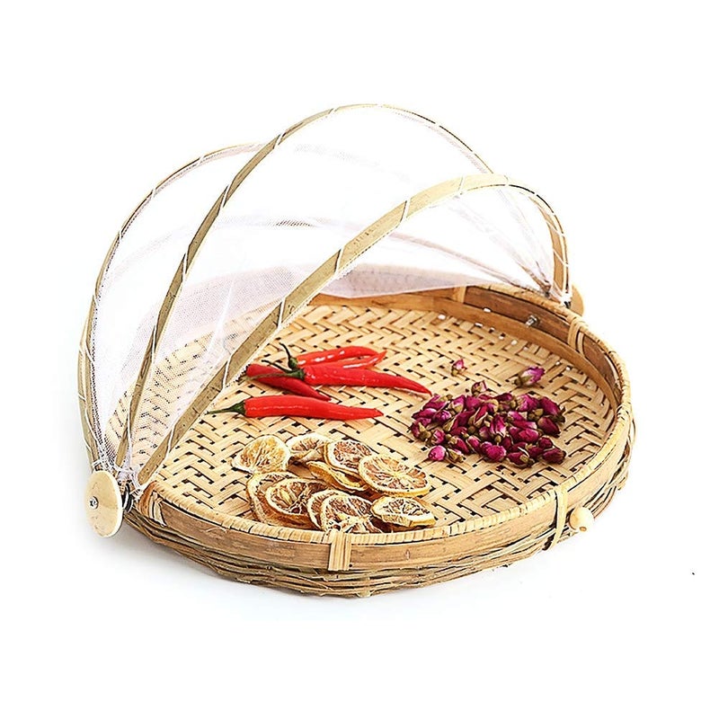 ABAOUNCLE Food Serving Tent Basket - BESTCHANCEUS Hand-Woven Bamboo-Serving-Basket Dustproof-Bug-Proof Mosquitoesor Vegetable Fruits Food Meals Round Dia.30cm - Image 3