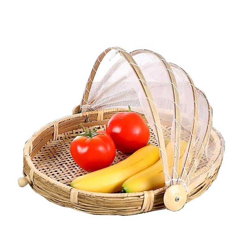 ABAOUNCLE Food Serving Tent Basket - BESTCHANCEUS Hand-Woven Bamboo-Serving-Basket Dustproof-Bug-Proof Mosquitoesor Vegetable Fruits Food Meals Round Dia.30cm - Image 1