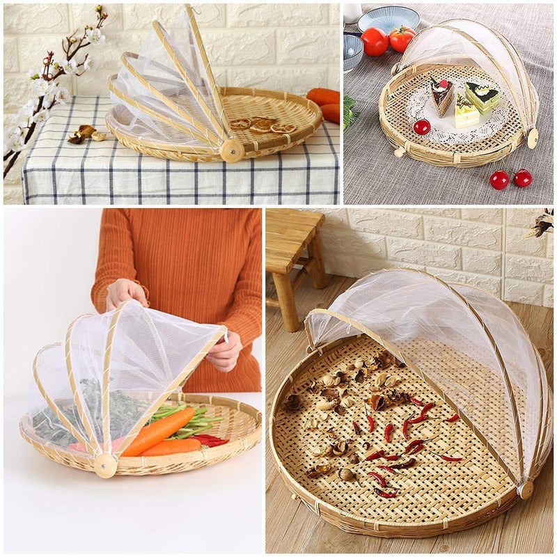 ABAOUNCLE Food Serving Tent Basket - BESTCHANCEUS Hand-Woven Bamboo-Serving-Basket Dustproof-Bug-Proof Mosquitoesor Vegetable Fruits Food Meals Round Dia.30cm - Image 2