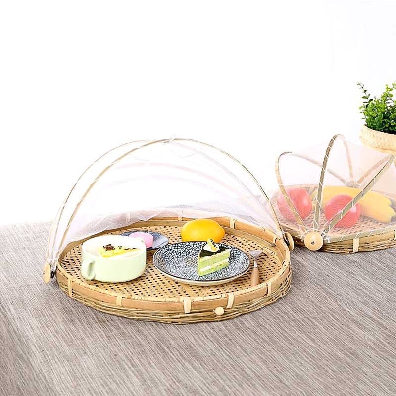 ABAOUNCLE Food Serving Tent Basket - BESTCHANCEUS Hand-Woven Bamboo-Serving-Basket Dustproof-Bug-Proof Mosquitoesor Vegetable Fruits Food Meals Round Dia.30cm - Image 4