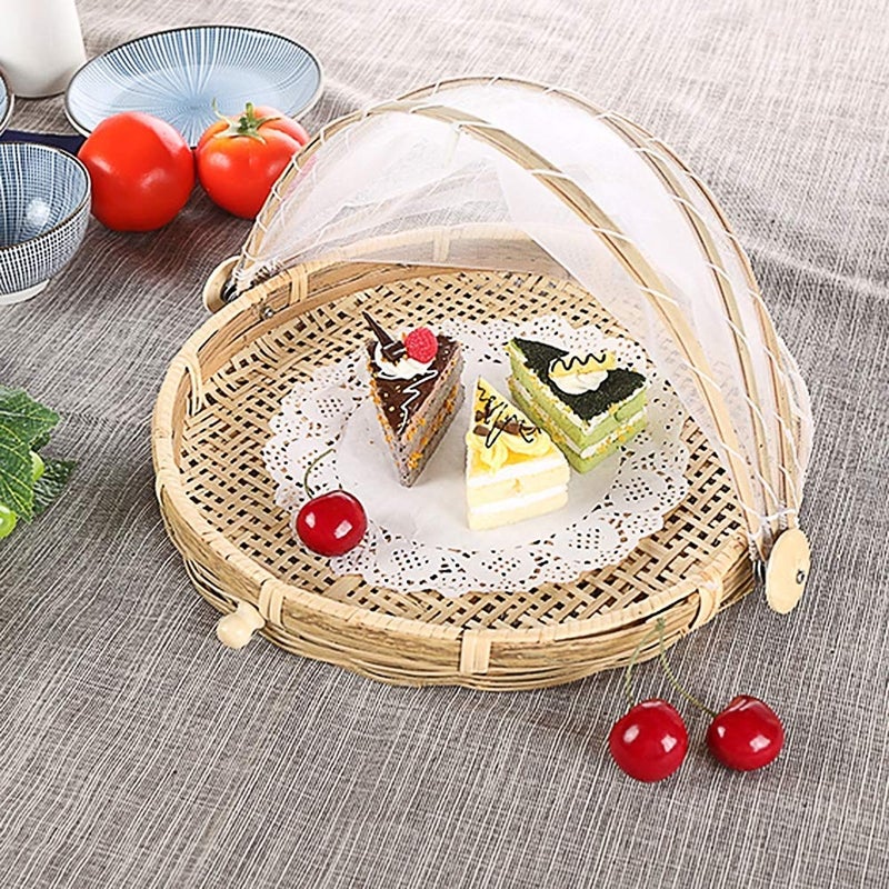 ABAOUNCLE Food Serving Tent Basket - BESTCHANCEUS Hand-Woven Bamboo-Serving-Basket Dustproof-Bug-Proof Mosquitoesor Vegetable Fruits Food Meals Round Dia.30cm - Image 5