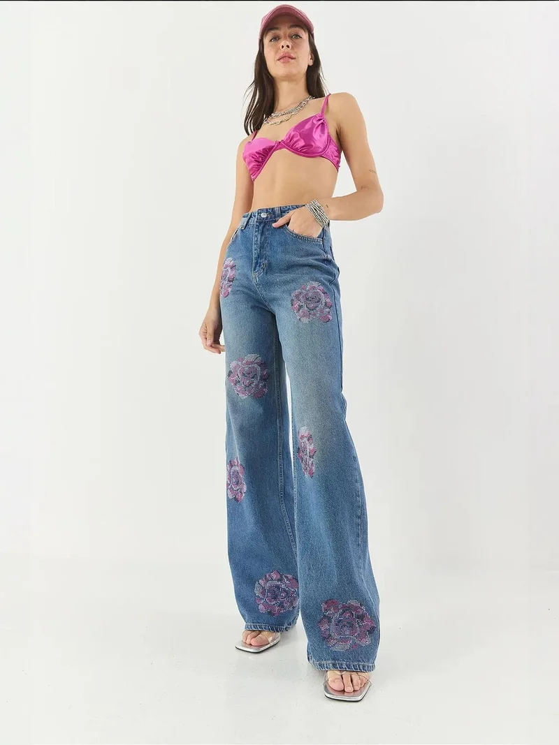 Bianco Lucci LUCCI High Waist Flowering Denim Wide Leg Jeans