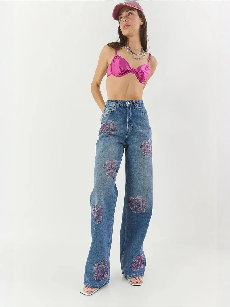 Bianco Lucci LUCCI High Waist Flowering Denim Wide Leg Jeans