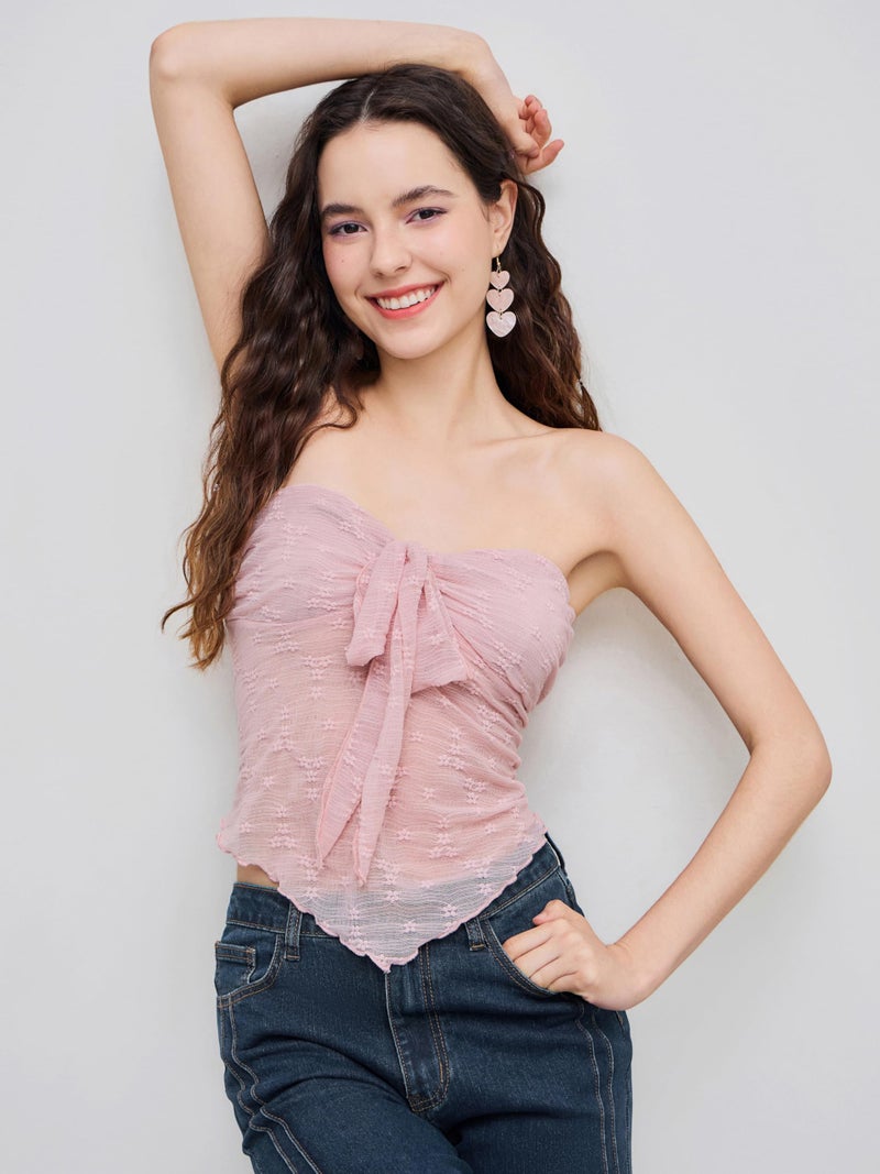 CIDER Women's Tube Tops Floral Mesh Flowy Cute Tops Tie Front Strapless Sexy Going Out Tops: Light Pink, M - Image 2
