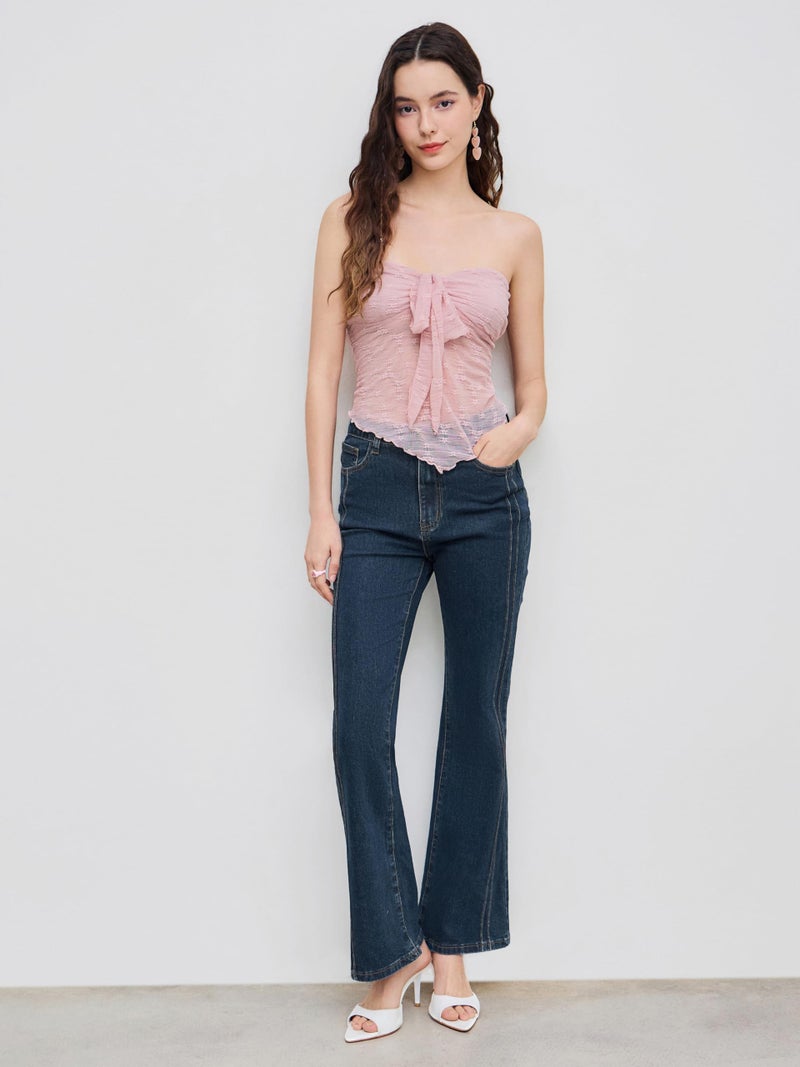 CIDER Women's Tube Tops Floral Mesh Flowy Cute Tops Tie Front Strapless Sexy Going Out Tops: Light Pink, M - Image 4