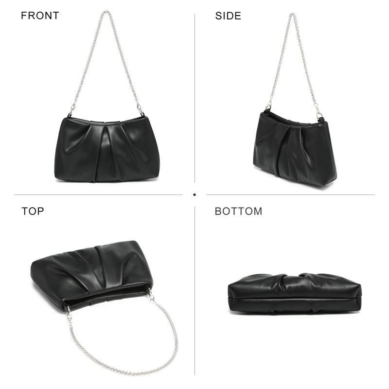 Dasein Elegant Pleated Evening Bag Soft Vegan Leather Clutch Purse Dressy Formal Handbag with 2 Chain Straps for Women (Black) - Image 3