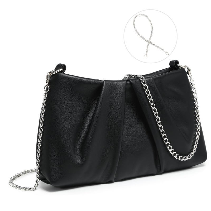 Dasein Elegant Pleated Evening Bag Soft Vegan Leather Clutch Purse Dressy Formal Handbag with 2 Chain Straps for Women (Black) - Image 1