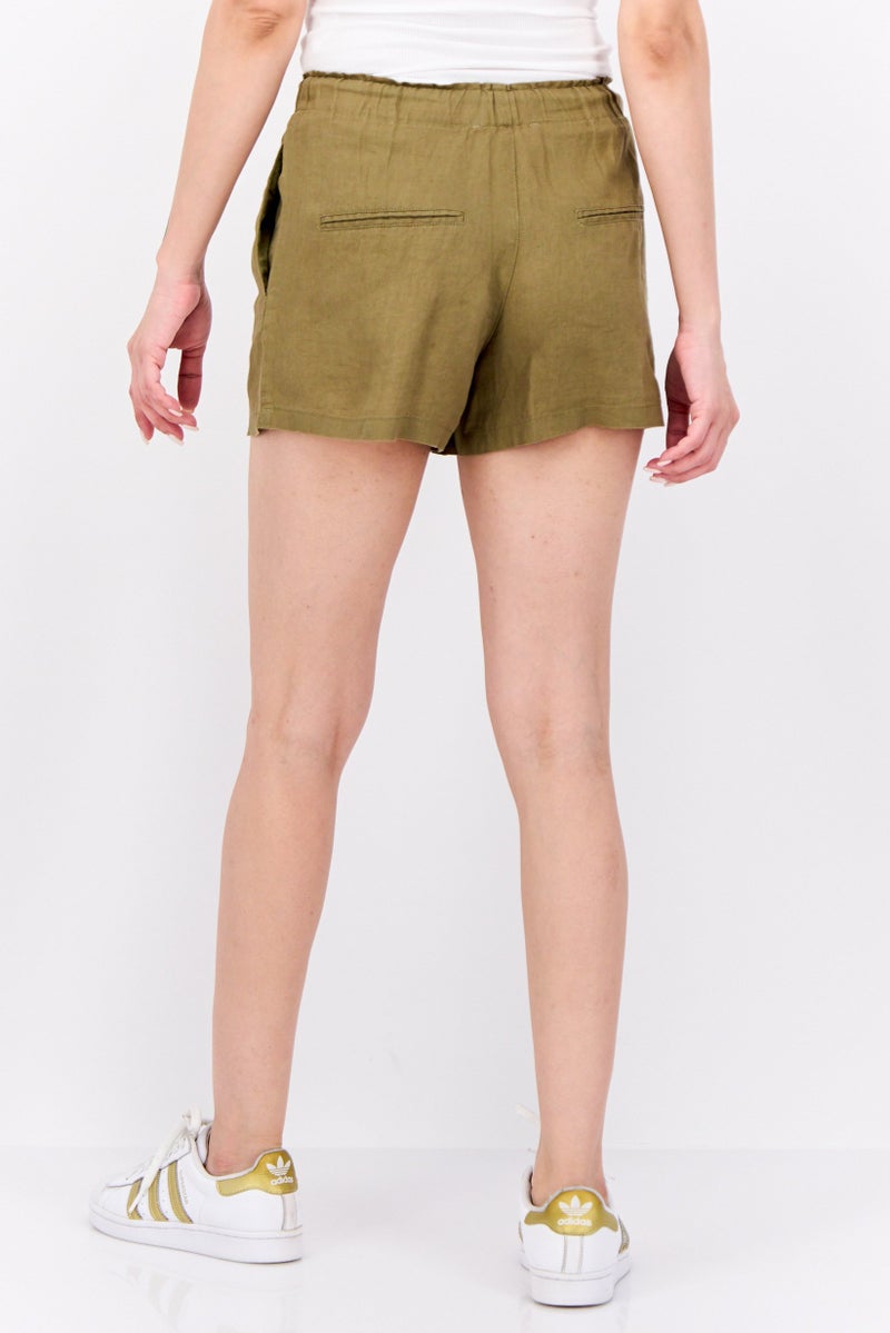 MANGO Women Solid Drawstring Basic Shorts, Olive - Image 3
