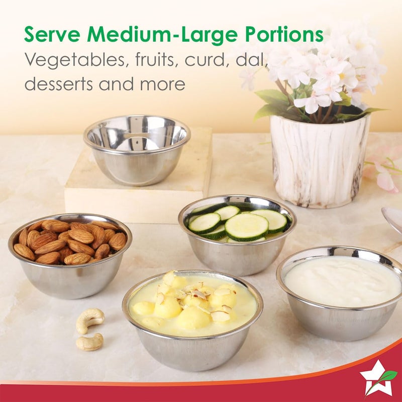 Wonderchef Venice Stainless Steel Bowl Set of 6 | Classic Design and Gloss Finish | 100% Food-grade Stainless Steel | Non-corrosive, Sturdy, Unbreakable | Serve vegetables, fruits, curd, dal, desserts - Image 3