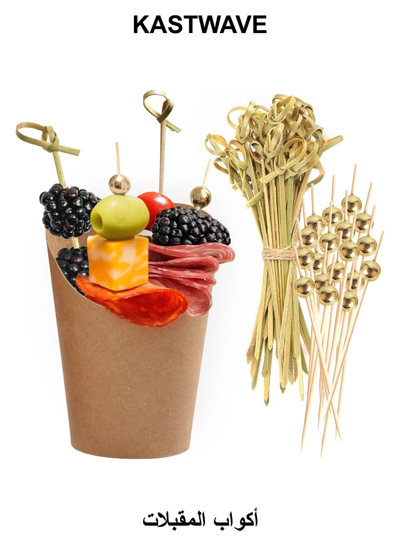 KASTWAVE 50 Pcs Charcuterie Cups with 200 Pcs Cocktail Picks, 14oz Brown French Fry Holder Cups,Disposable Appetizers Cups Kraft Paper Snack Dessert Cups Popcorn Boxes for Party - Image 1