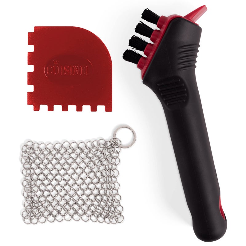 Cuisinel Cast Iron Scrubber Cleaning Brush Stainless Steel Chainmail Pan Scraper Skillet Grill Cleaner Kit SoftTouch EasyGrip Dish Scrub Tool Bristles Tough on Grease Gentle on Cookware